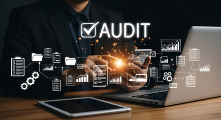 A person in a suit is holding a smartphone, with a holographic display showing the word "AUDIT" with a checkmark. Around the display are various digital icons representing documents, checklists, charts, graphs, folders, and gears, connected by lines. A laptop and tablet are on the desk, with glowing lights and bokeh effects adding to the digital atmosphere.の写真素材