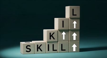 Wooden blocks are arranged in a stair-like formation, spelling out the word "SKILL". Each block representing a letter is paired with an upward-pointing arrow, symbolizing growth and improvement. The blocks are illuminated against a dark, gradient background, emphasizing the concept of skill development and progress.の写真素材