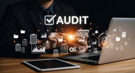 A businessman in a suit uses a smartphone while a laptop and tablet are on a wooden desk. Digital interfaces with charts, graphs, and documents are overlaid, with the word "AUDIT" prominently displayed with a checkmark. Glowing lights and abstract elements suggest a digital business environment.の写真素材