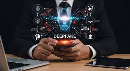 A businessman in a suit is holding a smartphone, with a glowing wireframe face hologram and various icons representing data, security, and warnings displayed around him. The word "DEEPFAKE" is central to the display. A laptop and tablet are also visible on the desk.の写真素材
