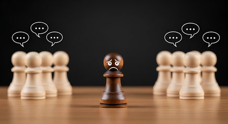 A single dark chess pawn with a sad face is positioned in the center, separated from two groups of light-colored pawns on either side. Speech bubbles with dots are above the groups, suggesting conversation or judgment directed at the lone pawn. This image visually represents themes of isolation, bullying, and social exclusion.の写真素材