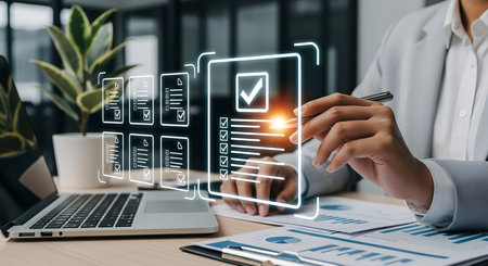 A person in a light-colored blazer is sitting at a desk, reviewing documents and using a digital interface that displays a checklist with a prominent checkmark. A laptop and plant are visible on the desk, suggesting a modern office environment focused on organization and task management.の写真素材