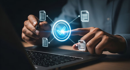 A close-up of hands interacting with a digital interface on a laptop. A central glowing checkmark icon is connected by lines to four document icons, suggesting a process of digital document verification and approval.の写真素材