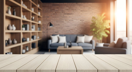 A blurred view of a cozy living room with a wooden bookshelf filled with decorative items and books. A grey sofa with cushions and a wooden coffee table are in the center, with an armchair to the right. Natural sunlight streams in from a large window, illuminating the space with a warm glow. The background features a brick wall.の写真素材