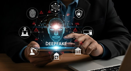 A person in a suit holds a smartphone, interacting with a holographic display. The display features a digital human face at the center, labeled "DEEPFAKE", surrounded by a network of interconnected icons representing AI, fingerprint, security, industry, and government. This visual illustrates the complex and pervasive nature of deepfake technology.の写真素材