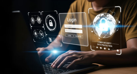 A person's hands are typing on a laptop, interacting with multiple holographic digital interfaces. One interface shows a login screen with username and password fields, another displays a global network with a prominent lock icon and the text "CYBER SECURITY DATA PROTECTION", and a third shows various security-related icons.の写真素材