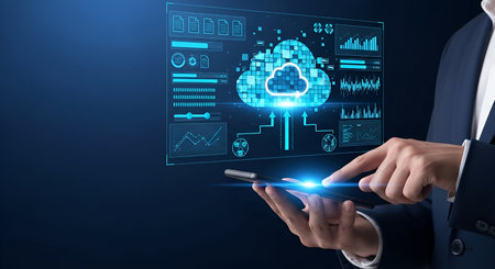 Analysis showing cloud computing technology interface. High resolution image suitable for commercial...