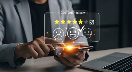 A person's hands are holding a smartphone, interacting with a digital interface displaying a customer review screen. The screen shows a5-star rating, with a smiling face icon selected, indicating a positive experience. A laptop is visible on the desk in the background.の写真素材