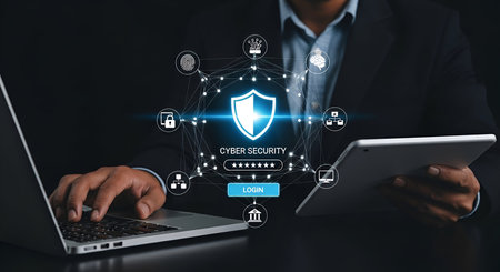 A person in a suit is interacting with a digital interface displaying a prominent cyber security...