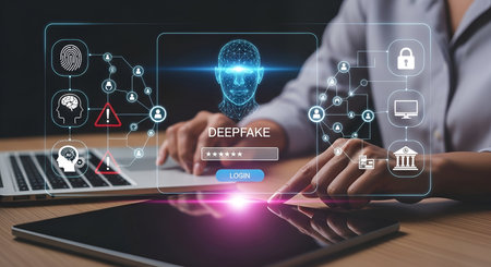 A digital interface displays the word "DEEPFAKE" with a password field and a login button. A holographic, wireframe human head with glowing eyes is at the center, surrounded by icons representing security, AI, and data networks. A fingerprint scan icon is visible on the left. Hands are interacting with a tablet and a laptop, suggesting a technological context.の写真素材