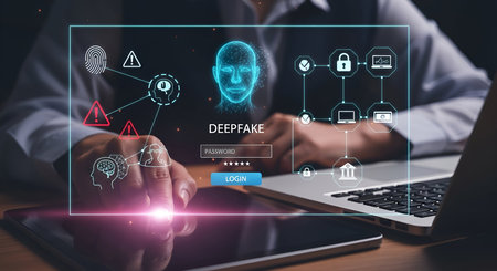 A digital interface displays a deepfake detection system. It features a holographic face, fingerprint scan, password input field, and various icons representing security, data, and alerts. The interface is overlaid on a person's hands interacting with a tablet and a laptop, highlighting the technological battle against digital deception and the importance of authentication.の写真素材