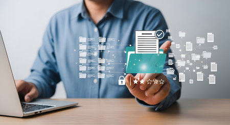 A person is interacting with a digital interface that visualizes document management. The interface...