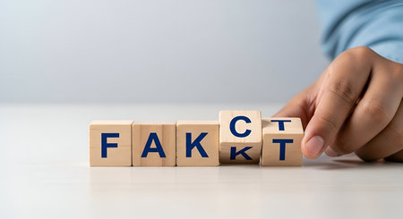A close-up shot shows a person's hand turning a wooden block to complete a word. The blocks are arranged in a row on a white surface, with the letters F, A, K, and T already visible. The hand is in the process of rotating the block with the letter C to reveal the letter T, completing the word. The background is a soft, light blue.の写真素材