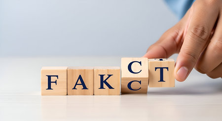 A hand is shown arranging wooden blocks with letters on them. The blocks spell out the word "FACT" with the last two blocks being turned to complete the word. The image conveys the concept of establishing facts and truth through arrangement and clarity.の写真素材