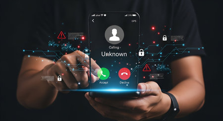 A person's hands hold a smartphone displaying an incoming call from an unknown number. Digital lines and icons representing security alerts, locks, and data flow surround the phone screen, suggesting themes of cybersecurity and potential scams. The background is dark and abstract.の写真素材
