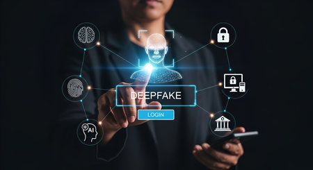A person's finger is shown touching a digital screen displaying "DEEPFAKE" and a "LOGIN" button. A wireframe human face is highlighted, connected to a network of icons including AI, fingerprint, security lock, computer, and financial institutions. The image represents the interaction with and potential risks of deepfake technology.の写真素材