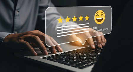A close-up shot shows a person's hands typing on a laptop keyboard. An overlay graphic displays a customer review interface with five yellow stars, a happy emoji face, and text indicating "5.0 CUSTOMER REVIEW". The image conveys the concept of online feedback and customer satisfaction.の写真素材
