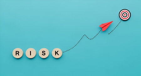 A red paper airplane is depicted flying along a dotted line towards a bullseye target. The word "RISK" is spelled out on wooden discs placed in a line before the airplane. The background is a solid teal blue.の写真素材