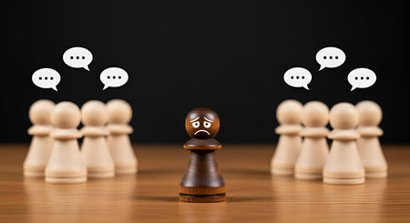 A single dark chess pawn with a sad expression stands alone in the center of a wooden surface. It is surrounded by a group of lighter-colored pawns on either side. Above the groups of pawns are speech bubbles, suggesting communication or conversation from which the central pawn is excluded.の写真素材