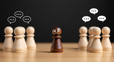 A single dark-colored chess pawn with a sad expression is positioned in the center, isolated from two groups of light-colored pawns on either side. Speech bubbles with dots, representing conversation or gossip, hover above each group. The image visually represents themes of isolation, exclusion, sadness, and social dynamics within a group.の写真素材
