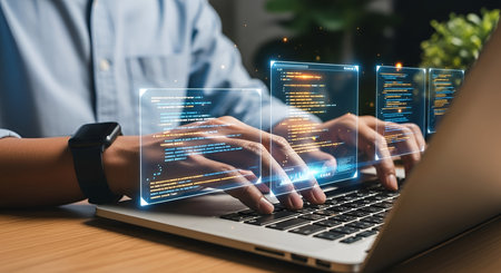 A close-up shot of a person's hands typing on a laptop keyboard. Above the laptop, three holographic screens display lines of code and data visualizations, suggesting a digital or programming environment. The person is wearing a smartwatch on their left wrist. The scene is set on a wooden desk with a blurred background.の写真素材