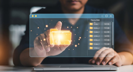 A person's hand is reaching out to touch a glowing holographic folder icon within a digital interface that resembles a file explorer window. The interface displays a list of folders labeled "Favourites" with file sizes. A laptop is visible in the foreground, suggesting a digital workflow.の写真素材
