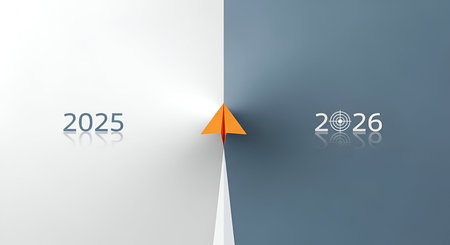 A split image visually represents the transition from the year 2025 to 2026. The left side, colored white, displays the number 2025 with a subtle reflection. The right side, in a dark blue hue, shows the number 2026 with a target symbol superimposed. An orange paper airplane is positioned at the dividing line, pointing upwards and forwards, symbolizing progress and the journey into the new year.の写真素材