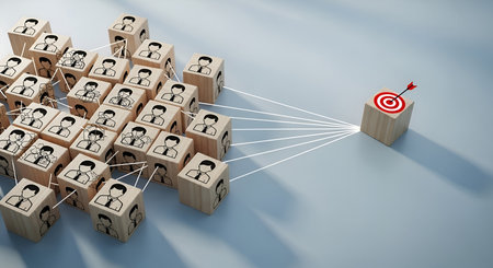 A cluster of wooden cubes, each imprinted with a stylized human figure, are arranged on a light gray surface. Thin white lines connect these cubes to a single cube at a distance, which features a bullseye target with an arrow. The arrangement suggests a concept of collective effort or teamwork directed towards a specific objective or goal.の写真素材