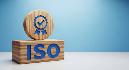 A wooden block with the letters "ISO" carved into it sits on a white surface. Resting on top of the block is a circular wooden emblem featuring a blue ribbon and a blue checkmark within a circle, signifying an award or certification. The background is a soft, light blue.の写真素材