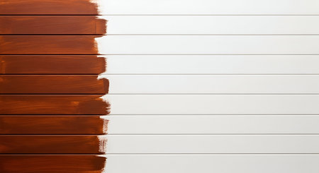 A close-up, top-down view of a wooden surface composed of horizontal planks. The left half of the image shows the wood painted a rich brown, with visible brush strokes. The right half is painted white, also showing brush strokes, creating a distinct contrast and a sense of transformation.の写真素材