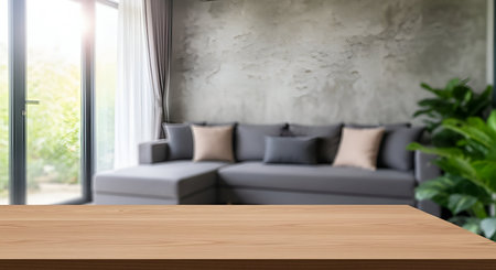 A close-up of a light-colored wooden table surface occupies the foreground. The background is a softly blurred view of a modern living room, featuring a grey sectional sofa with accent cushions, large windows with sheer curtains letting in natural light, and a lush green potted plant. The overall impression is one of a clean and inviting domestic space.の写真素材