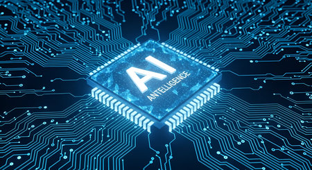 A close-up view of a central processor chip labeled "AI INTELLIGENCE" glowing with a blue light. It is embedded within a complex, illuminated blue circuit board, showcasing intricate pathways and connections. The image represents advanced technology and artificial intelligence.の写真素材