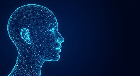 A detailed blue wireframe model of a human head is shown in profile against a dark blue background. The head is constructed from interconnected lines and nodes, forming a geometric, digital representation. The image evokes themes of technology, artificial intelligence, and the human mind.の写真素材