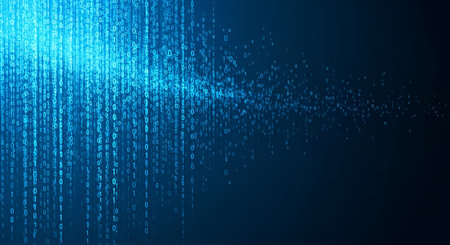 A dark blue background is illuminated by a vibrant, glowing stream of binary code. Numbers 0 and 1 cascade downwards from the upper left, creating a sense of dynamic data flow. The light from the code illuminates the surrounding darkness, creating an abstract and futuristic digital environment.の写真素材