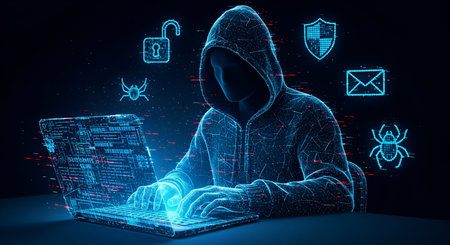 A hooded figure, rendered in a digital, glowing blue and red style, sits at a table typing on a laptop. Various digital icons representing security threats and data, such as a lock, shield, bugs, and an envelope, float around the figure. The scene conveys a sense of cybercrime and digital intrusion.の写真素材