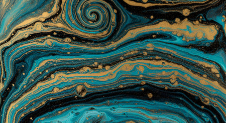 An abstract close-up of fluid marbling art, featuring dynamic swirling patterns of teal, gold, and black. The colors blend and flow into each other, creating a rich and textured visual effect with small golden flecks scattered throughout.の写真素材
