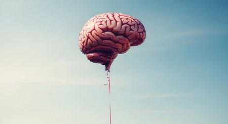 A realistic-looking brain-shaped balloon, rendered in a reddish-pink hue, floats serenely against a clear, pale blue sky with faint wisps of clouds. A thin red string dangles from the bottom of the balloon, disappearing out of frame. The image evokes a sense of surrealism and conceptual thought.の写真素材