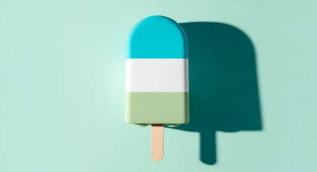 A single, colorful popsicle with distinct blue, white, and green stripes is presented on a mint green background. The popsicle has a rounded top and a wooden stick. A distinct, dark shadow is cast to the right of the popsicle, adding depth to the composition. The overall aesthetic is clean, bright, and summery.の写真素材