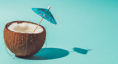 A halved coconut filled with white liquid and topped with a blue patterned paper umbrella sits on a bright turquoise background. The coconut's rough brown husk is textured, contrasting with the smooth liquid inside. A distinct shadow of the coconut and umbrella is cast on the surface, adding depth to the scene.の写真素材
