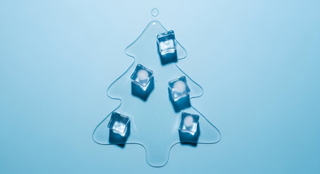 A stylized Christmas tree shape is formed by a puddle of water on a light blue surface. Six ice cubes are placed within the water, resembling ornaments. A single drop of water is visible above the tree.の写真素材