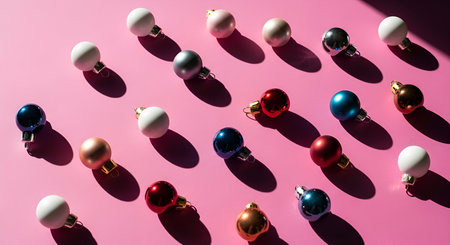 A collection of small, round Christmas ornaments are scattered across a vibrant pink surface. The ornaments are a mix of shiny metallic finishes in red, blue, gold, and silver, as well as matte finishes in white and pale pink. They are arranged in a seemingly random pattern, with some casting distinct shadows due to directional lighting.の写真素材