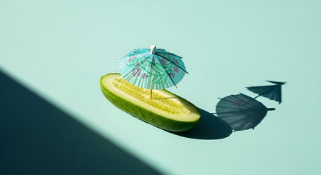 A halved cucumber is positioned on its side, resembling a small boat. A miniature, patterned cocktail umbrella is inserted into the cucumber's flesh, casting a shadow. The scene is set against a light blue background with a strong diagonal shadow on the left.の写真素材