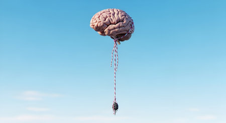 A realistic human brain is depicted floating in a clear blue sky, tethered by a string to a small, dark object. The brain appears as if it'sa balloon, symbolizing concepts like imagination, ideas, or the lightness of thought. The surreal composition against the sky creates a thought-provoking and unusual visual.の写真素材