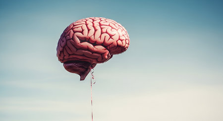 A surreal image of a realistic human brain depicted as a balloon, floating in a clear blue sky. A thin red string dangles from the bottom of the balloon. The brain's intricate details are visible against the vast expanse of the sky, creating a striking and thought-provoking visual metaphor for ideas, consciousness, or imagination.の写真素材