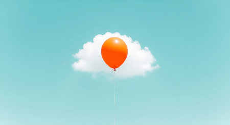A vibrant orange balloon is depicted floating serenely above a fluffy white cloud. The scene is set against a clear, bright blue sky, creating a minimalist and dreamlike composition. The balloon is tethered by a thin white string, adding a delicate touch to the overall image.の写真素材