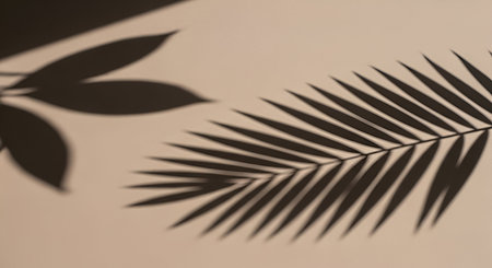 The image features the distinct, feathery shadow of a palm leaf stretching across a light beige background. To the left, the darker silhouettes of other, broader leaves are also visible, creating an abstract composition of natural shapes and shadows.の写真素材