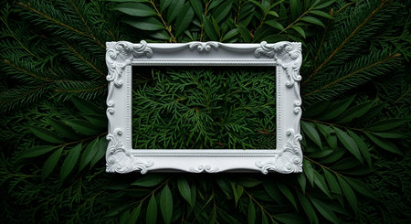 An intricately designed, ornate white frame is centrally placed upon a dark, lush background of overlapping green foliage. The detailed carvings of the frame stand out against the organic texture of the leaves and branches, creating a striking contrast between the artificial and natural elements. The composition is viewed from directly above.の写真素材
