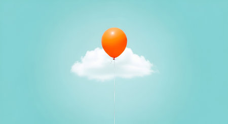 A single bright orange balloon is tethered by a thin string and floats above a fluffy white cloud. The background is a solid, light blue color, creating a clean and minimalist aesthetic. The image evokes a sense of lightness and freedom.の写真素材