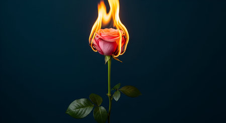 A single pink rose with green leaves and stem is engulfed in bright orange and yellow flames. The flower is positioned centrally against a dark, muted blue background, creating a striking contrast between the delicate bloom and the destructive fire.の写真素材