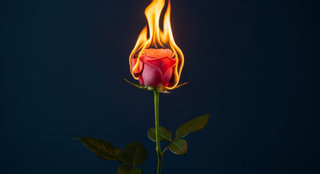 A single pink rose is engulfed in bright orange and yellow flames against a dark, solid blue background. The rose's petals are visible within the fire, and its green stem and leaves extend downwards. The image evokes a sense of intense emotion, passion, or destruction.の写真素材